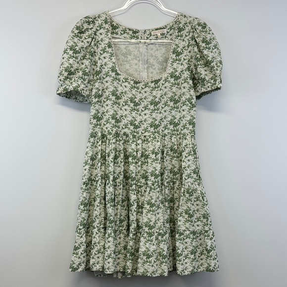 Krewe du Q Dresses & Skirts - Krewe Du Q Green Floral Toile Puff Sleeve Cottagecore Mini Dress Size S